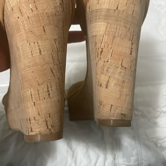 Mark Fisher beige suede and snake embossed ankle strap cork wedges. - Picture 8 of 13